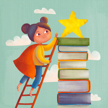 Child climbs a ladder of books receiving a star award