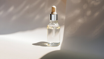 A white transparent bottle with serum in the rays of the sun