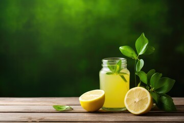 Fototapeta premium Lemon juice in glass on rustic wooden table top, close up view. 