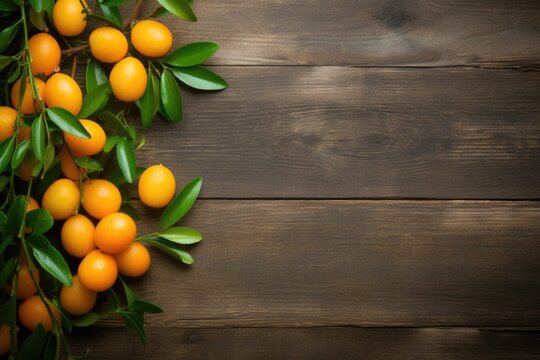 Kumquat citrus fruits on rustic wooden table top. Overhead view.