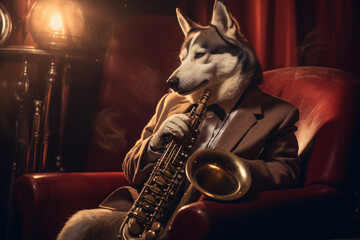 Husky Jazz Serenade: Capturing a Husky's Melodic Jazz Serenade, Depicting the Musician in a Dimly Lit 1920s-Style Jazz Club, Donning a Fedora and Playing the Saxophone in Nostalgic Elegance