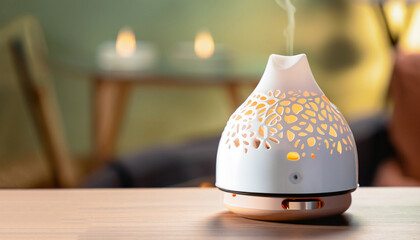 Aroma oil diffuser lamp on table against blurred background