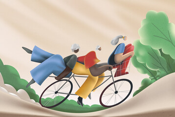 Old senior women friend enjoy retirement, riding bike 