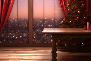 Empty space wood table and Christmas tree in the restaurant, AI generate
