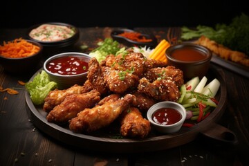 Fototapeta premium Platter of Savory and Crispy Korean Fried Chicken with Various Dipping Sauces, Generative AI