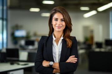 Fototapeta premium A Successful and Stylish Office Lady: A Confident Woman in a Business Suit, Leading with Multitasking Skills and Professionalism