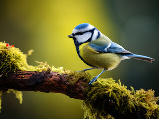 Obraz premium Warbler, tit bird (Carduelis carduelis) perched on a mossy branch with bokeh background. By AI