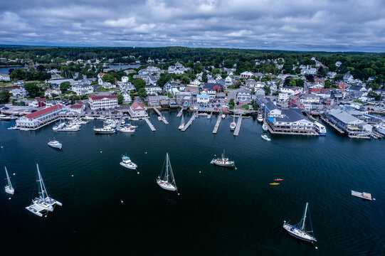 Aerial view of Boothbay Harbor, Maine in summer 