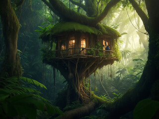 beautiful nature house build in the jungle with a big tree