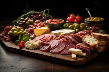 Fototapeta na wymiar Mouthwatering Platter of Antipasti with Cured Meats, Cheeses, Olives, and Bruschetta, Generative AI