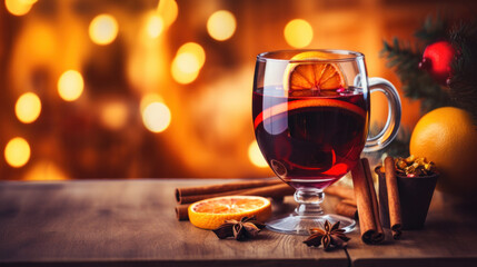 Hot spicy Christmas gluhwein, or mulled red wine with sugar and spices, served with cookies on rustic wood with a twinkling bokeh of party lights in background