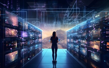 Rear view of a businesswoman looking at data center in a server room