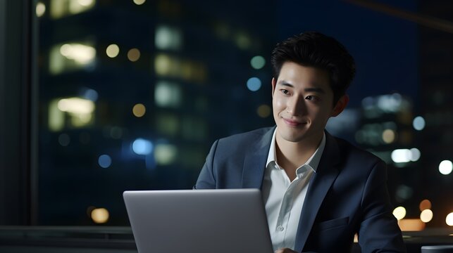 Portrait of young asian businessman working with laptop computer at night