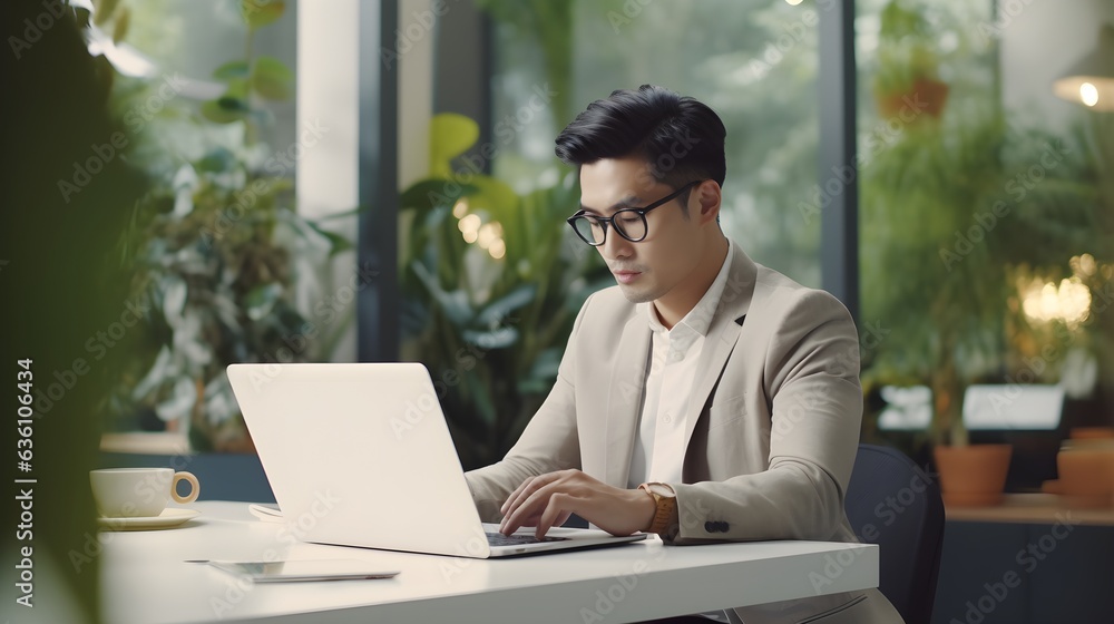 Wall mural young asian business man working with laptop computer in modern office.