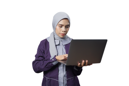 Confident business asian woman isolated in studio shot, Portrait of professional working people holding laptop computer  with copy space.