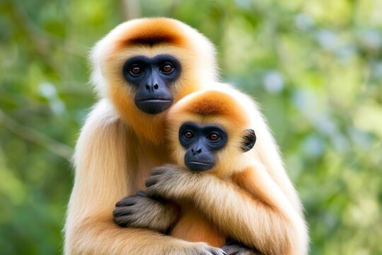 Close image of Cheeked Gibbon monkey mother with a child in the forest. 