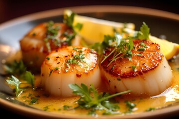 Closeup of pan seared diver scallops with lemon beurre blanc.  - obrazy, fototapety, plakaty
