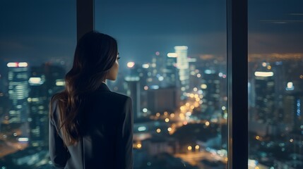 Young businesswoman looking out the window with cityscape background at night