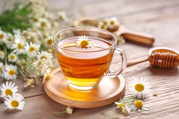 Cup of hot chamomile tea on light wooden background. 