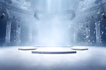 Empty space stage with spotlight and snow in winter Christmas scene background, Blank space display of presentation product, AI generate