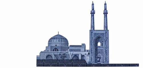 The Jāmeh Mosque of Yazd (Masjid-e-Jāmeh Yazd) is the grand, congregational mosque (Jāmeh) of Yazd city, Portrait from Iran 100 Rials Islamic Republic 1982-2004 Banknotes. 