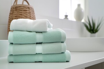 The world's softest towels against a minimalistic background. Stacked white towels sit on top of a soap dish in a bathroom.  - obrazy, fototapety, plakaty