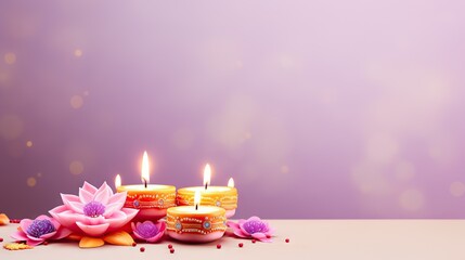 Happy Diwali. Burning diya oil lamps and flowers on a pastel background. Traditional Indian festival of light. Celebration of a religious holiday. Copy Space
