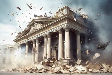 Bank collapse. A bank or financial institution, going down failing or collapsing.  - obrazy, fototapety, plakaty