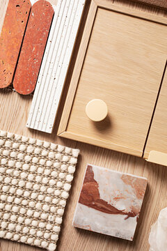 flatlay of samples for architectural design elements and moodboard