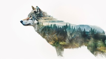 An alpha wolf and the spectacular colorful nature and green forest, clean sharp focus, on white background, double exposure photography. AI Generative