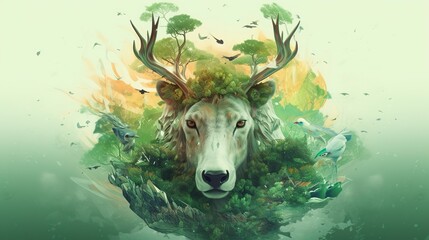 Fantasy animal, double exposure of fantasy world with green trees. AI Generative