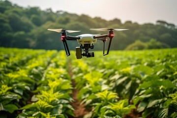 Drone monitoring crops and smart agriculture in a digital farming.  AI Generative - obrazy, fototapety, plakaty