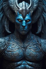 The god nemesis with blue eyes standing in front, dark bronze and light azure,  - obrazy, fototapety, plakaty