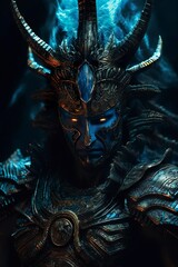 The god nemesis with blue eyes standing in front, dark bronze and light azure, 