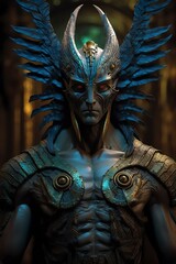 The god nemesis with blue eyes standing in front, dark bronze and light azure,  - obrazy, fototapety, plakaty