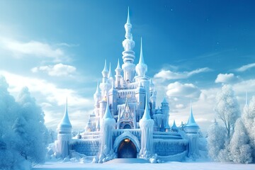 Cute blue Magic Ice Castle. Fantasy snowy landscape. Winter castle on the mountain, winter forest. 