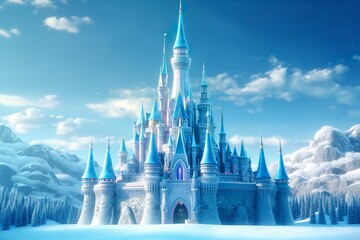Cute blue Magic Ice Castle. Fantasy snowy landscape. Winter castle on the mountain, winter forest. 