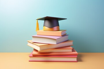 School books with accessories and graduation hat on pastel background with copy space