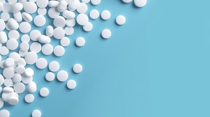 Top view white medicine tablets antibiotic pills on a soft blue background, copy space, Pharmacy theme,  - obrazy, fototapety, plakaty