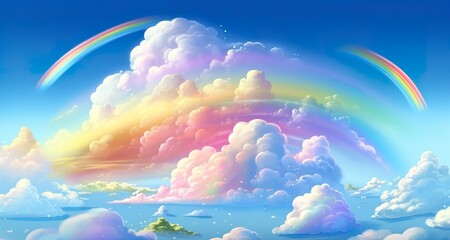 Fantasy sky rainbow. Fairy skies rainbows colors, magic landscape and dream sky background illustration.