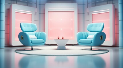 The Future of Game Shows. A Simple, Modern Setting with Two Chairs and a Whole Lot of Fun.  - obrazy, fototapety, plakaty