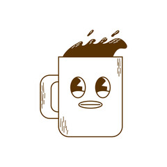 Cute drinks characters illustration. Dark color on white background. Retro groovy coffee in a cup. Funky mascots for cafe, bar, restaurant. Comic vector art.