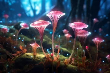Crédence de cuisine en verre imprimé Forêt des fées A bioluminescent alien crystal forest with flowers, bioluminescent carnivorous plants, AI Generative