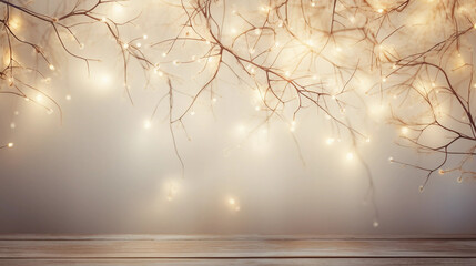 A Shimmering Branch on a Wooden Surface Backdrop With Copy Space