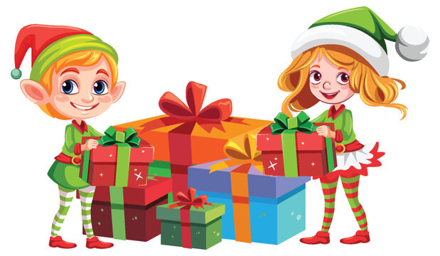 Cute Couple in Elf Outfit with Christmas Gifts