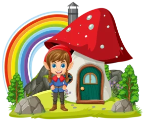 Fototapete Kinder Dwarf cartoon standing in front of the mushroom house in fantasy world