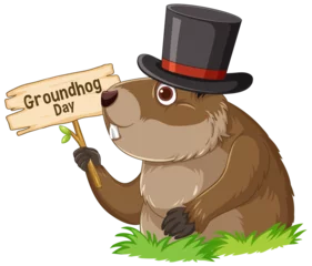 Foto auf Acrylglas Kinder Adorable Groundhog Cartoon with Groundhog Day Banner