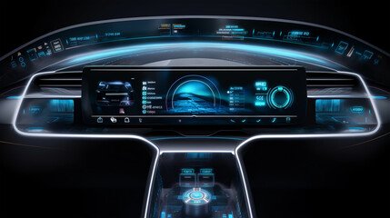 Close up view of futuristic car interface on dark background