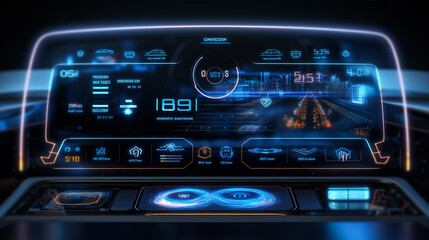 Close up view of futuristic car interface on dark background