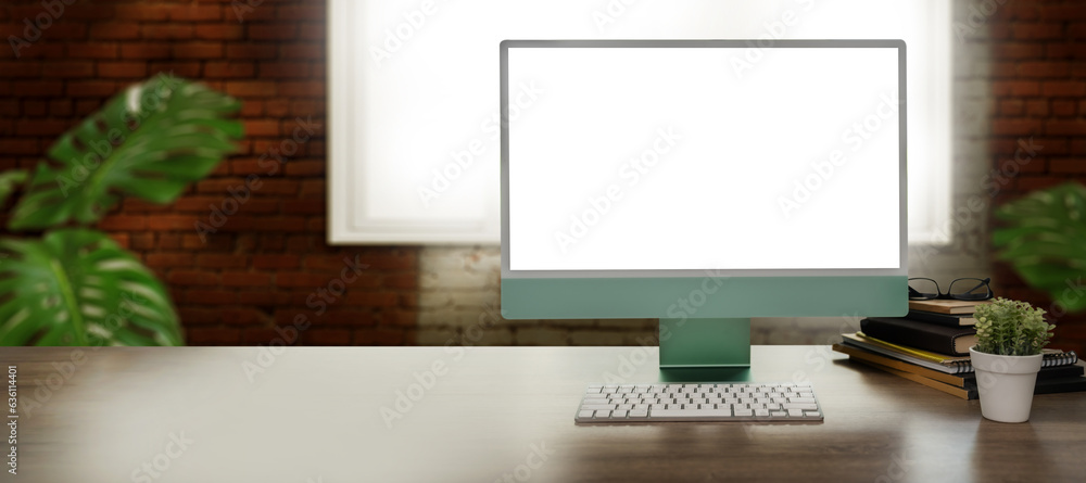 Poster laptop with blank screen on table. room with decorations and copy space computer with blank copy spa